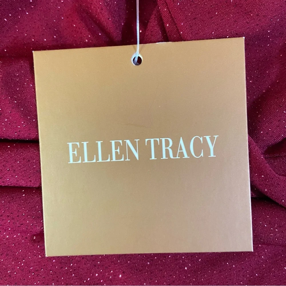 Ellen Tracy Red Draped Blouse Top V Neckline Sequined 3/4 Sleeve Lagenlook Party